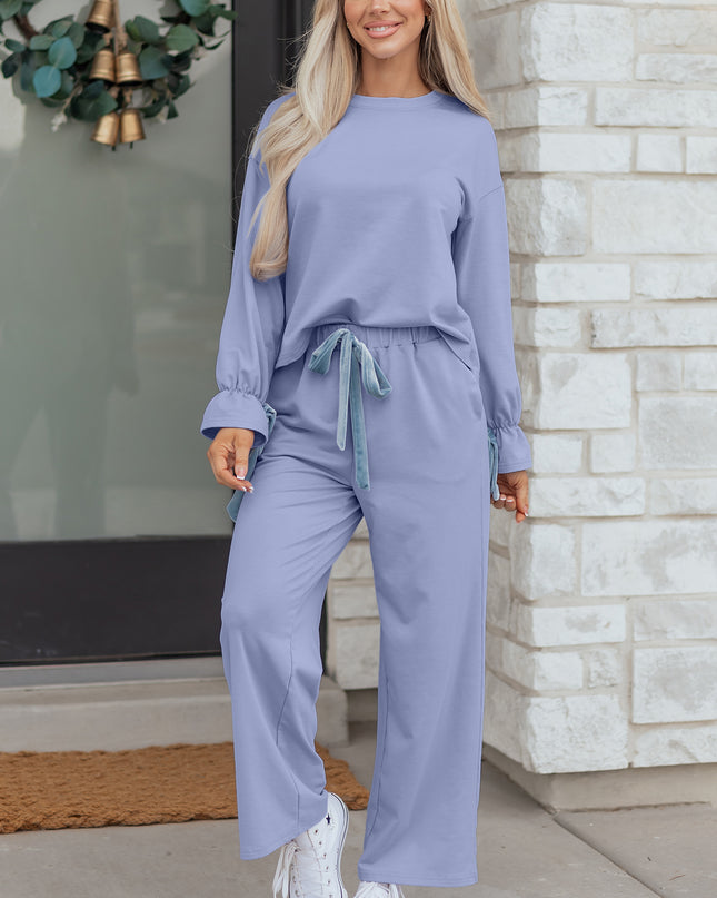 Beau Blue Flounce Long Sleeve Top Drawstring Pants Contrast Velvet Bow Knot 2pcs Lounge Set