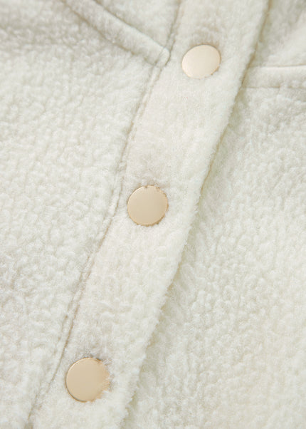 White Fleece Placket Turn-down Collar Drop Shoulder Sweatshirt