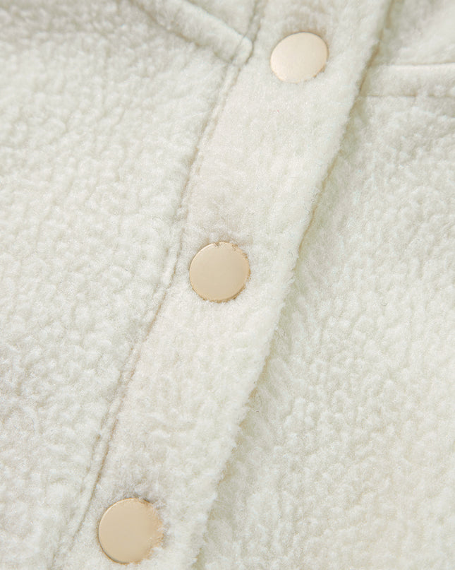 White Fleece Placket Turn-down Collar Drop Shoulder Sweatshirt