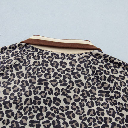 Khaki Leopard Print Half Zip Striped Trim Patchwork Short Sleeve Top