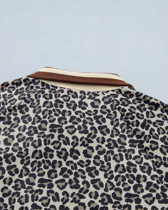 Khaki Leopard Print Half Zip Striped Trim Patchwork Short Sleeve Top