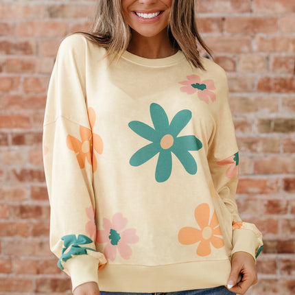 Khaki Washed French Terry Flower Print Sweatshirt