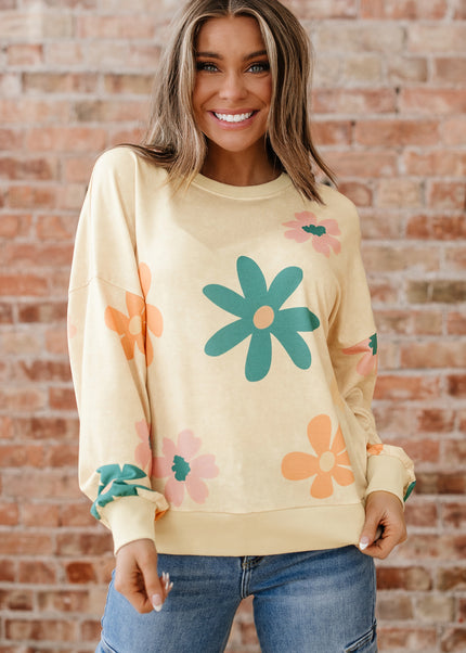 Khaki Washed French Terry Flower Print Sweatshirt