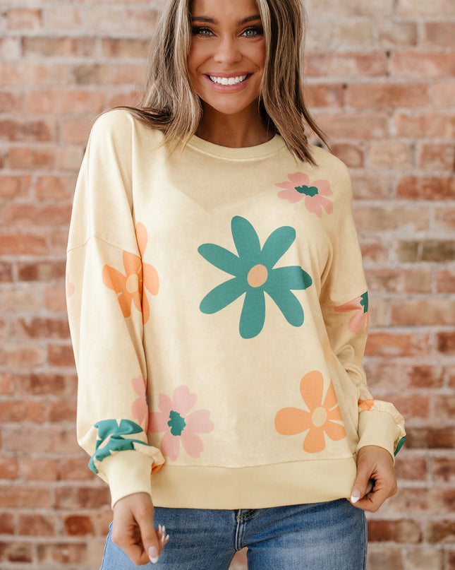 Khaki Washed French Terry Flower Print Sweatshirt