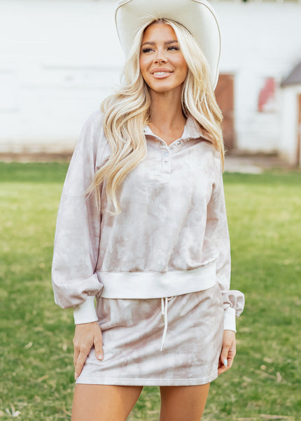 White Abstract Woodland Print Balloon Sleeve Pullover Drawstring Mini Skort Set