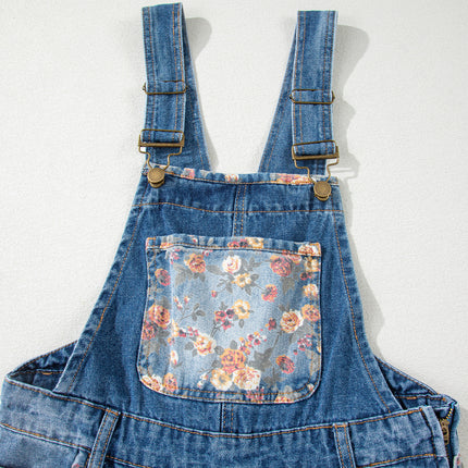 Peacock Blue Floral Patchwork Bib Denim Wide Leg Overalls