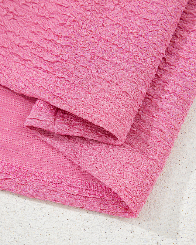 Pink Textured V Neck T Shirt and Shorts Set
