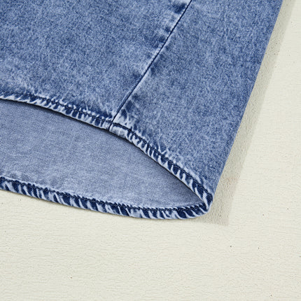 Dusk Blue Vintage Wash Denim Ruffle Detail Button Down Shirt