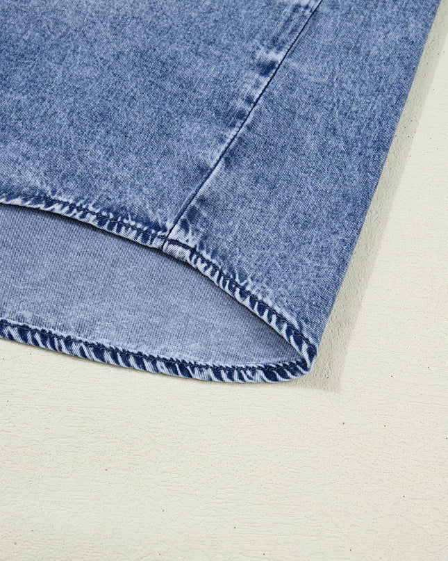 Dusk Blue Vintage Wash Denim Ruffle Detail Button Down Shirt