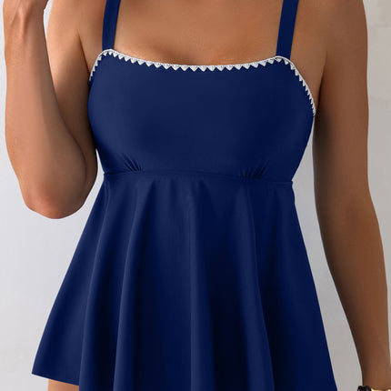 Navy Blue Spaghetti Straps Contrasted Ricrac Trim Flared Tankini 2pcs Swimsuit