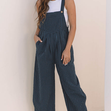 Sail Blue Plaid Print Buttoned Pocketed High Waist Overall
