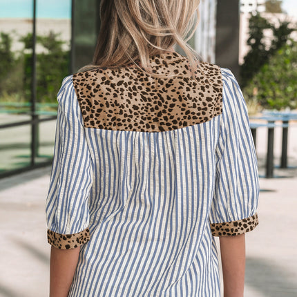 Sky Blue Stripe Leopard Trim V Neck Button Down Half Sleeve Shirt