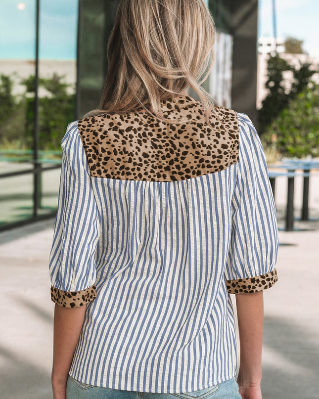Sky Blue Stripe Leopard Trim V Neck Button Down Half Sleeve Shirt