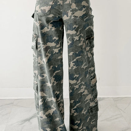 Green Camo Denim Cargo Wide Leg Pants
