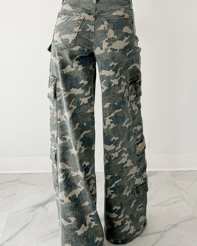 Green Camo Denim Cargo Wide Leg Pants