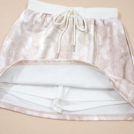 White Abstract Woodland Print Balloon Sleeve Pullover Drawstring Mini Skort Set