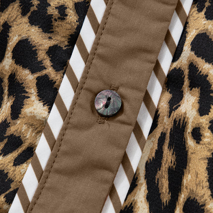 Brown Leopard Collared 3/4 Sleeve Shirt and Loose Pants Two Piece Outfit Set