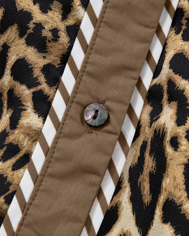 Brown Leopard Collared 3/4 Sleeve Shirt and Loose Pants Two Piece Outfit Set