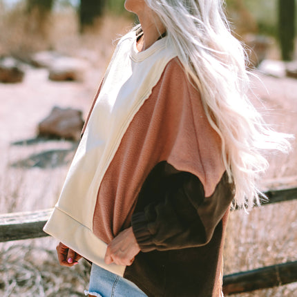 Beige Oversized Color Block Patchwork High Low Hoodie