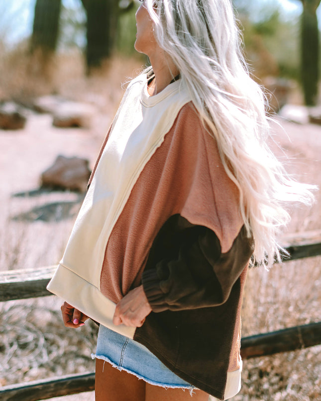 Beige Oversized Color Block Patchwork High Low Hoodie