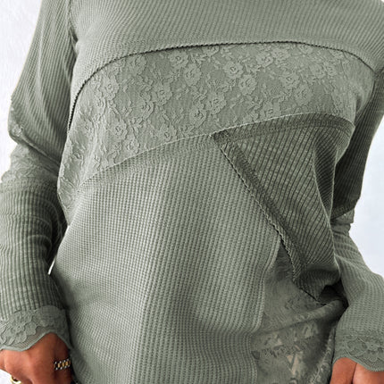 Sage Green Solid Color Waffle Ribbed Lace Patchwork Long Sleeve Top
