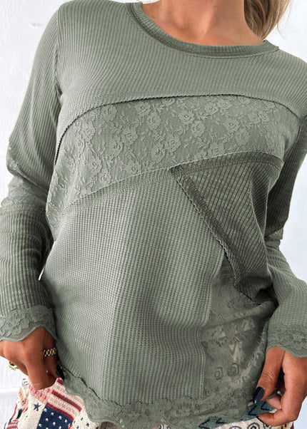 Sage Green Solid Color Waffle Ribbed Lace Patchwork Long Sleeve Top