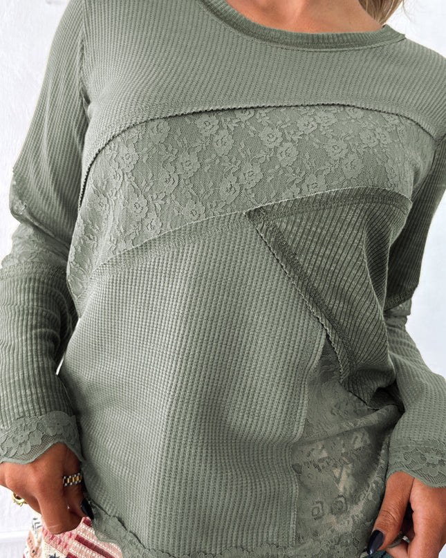 Sage Green Solid Color Waffle Ribbed Lace Patchwork Long Sleeve Top