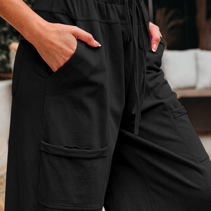 Bonbon Exposed Seam Drawstring Elastic Waistband Wide Leg Cargo Pants