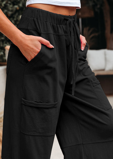 Bonbon Exposed Seam Drawstring Elastic Waistband Wide Leg Cargo Pants
