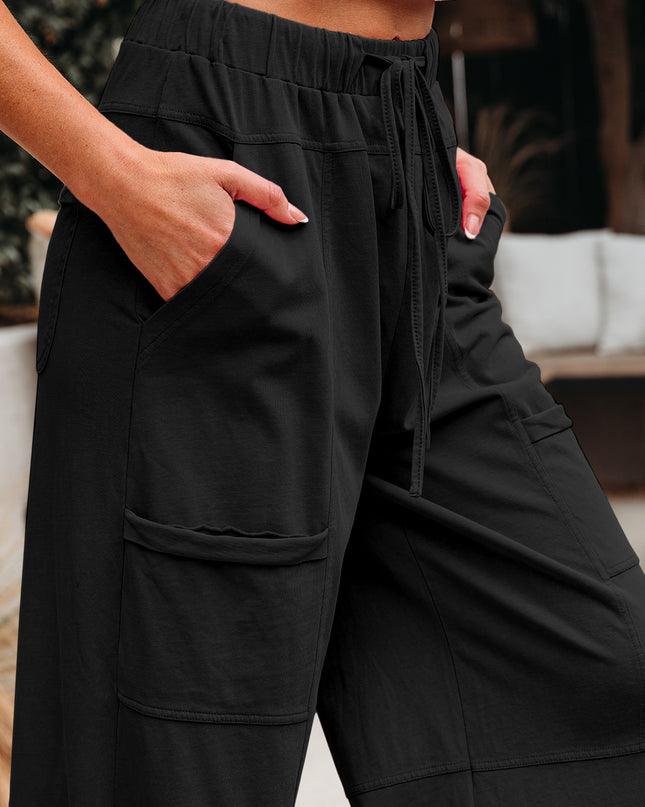 Bonbon Exposed Seam Drawstring Elastic Waistband Wide Leg Cargo Pants