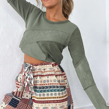 Sage Green Solid Color Waffle Ribbed Lace Patchwork Long Sleeve Top