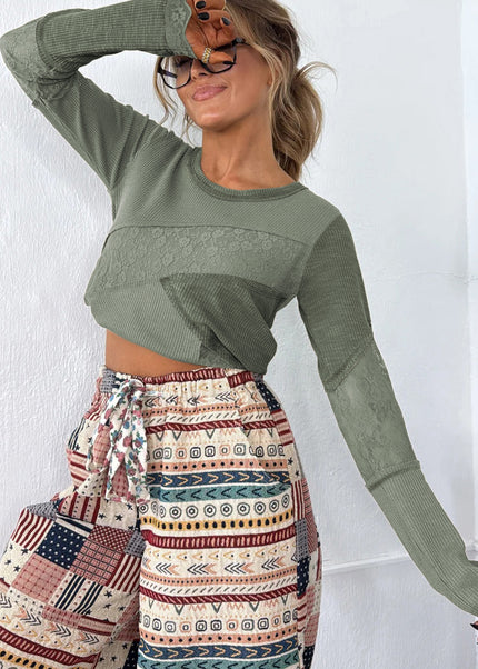 Sage Green Solid Color Waffle Ribbed Lace Patchwork Long Sleeve Top