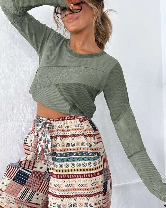 Sage Green Solid Color Waffle Ribbed Lace Patchwork Long Sleeve Top