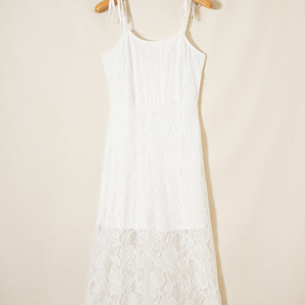 White Tie Spaghetti Straps Floral Lace Overlay Long Dress