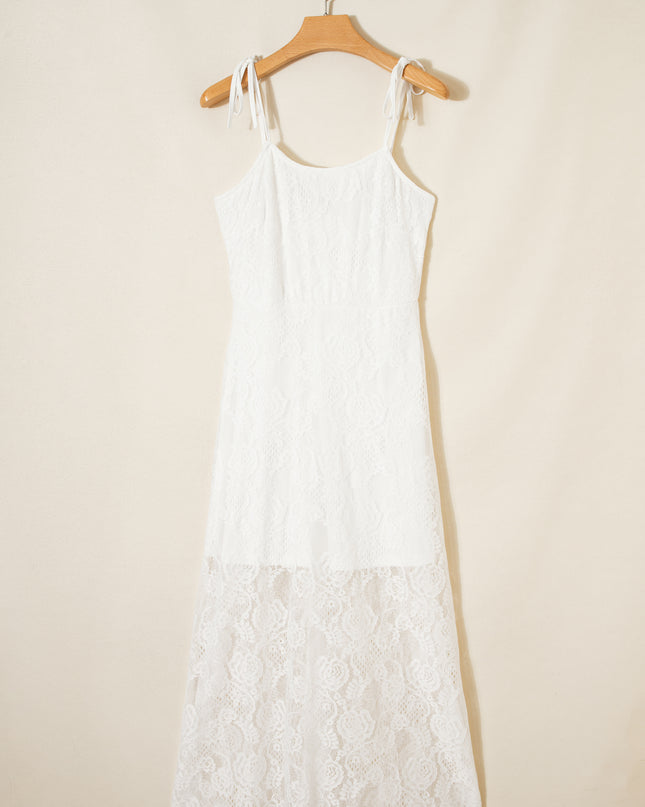 White Tie Spaghetti Straps Floral Lace Overlay Long Dress