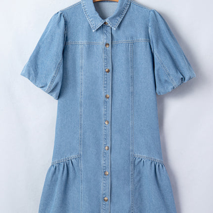 Beau Blue Button Down Short Puff Sleeve Ruffle Hem Patchwork Denim Dress
