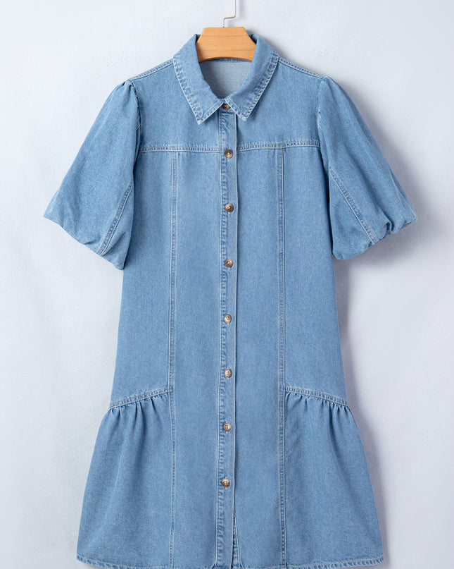 Beau Blue Button Down Short Puff Sleeve Ruffle Hem Patchwork Denim Dress