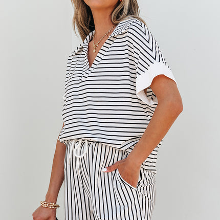 Black Stripe V Neck Tee and Casual Short Set