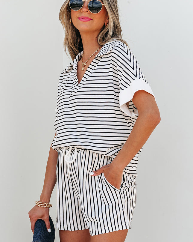 Black Stripe V Neck Tee and Casual Short Set