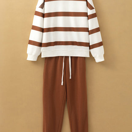 Brown Stripe Striped Drop Shoulder Pullover and Jogger Pants Set