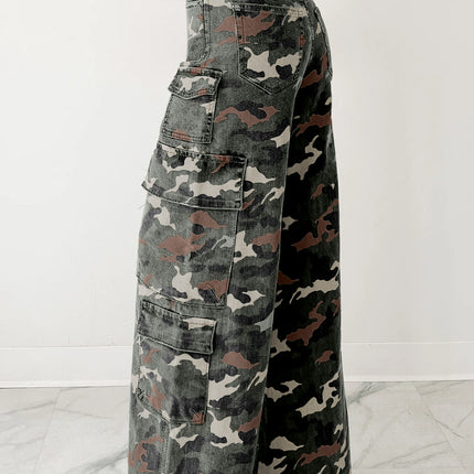 Green Camo Denim Cargo Wide Leg Pants