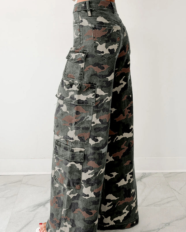 Green Camo Denim Cargo Wide Leg Pants