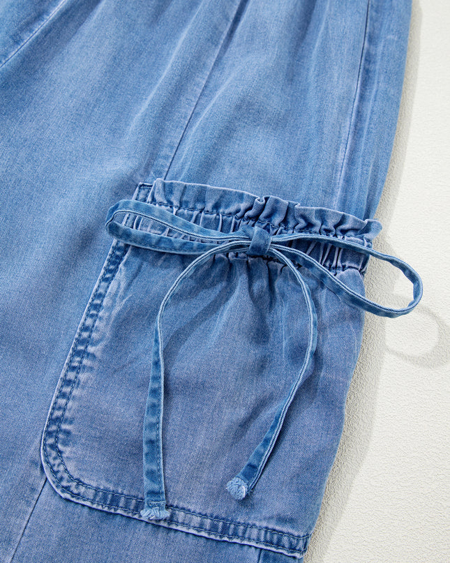 Beau Blue Drawstring Elastic Waist Pocketed Loose Denim Pants