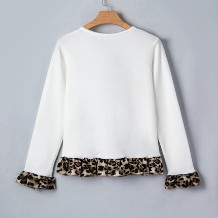 White Knitted Leopard Ruffle Patchwork Button Down Cropped Cardigan