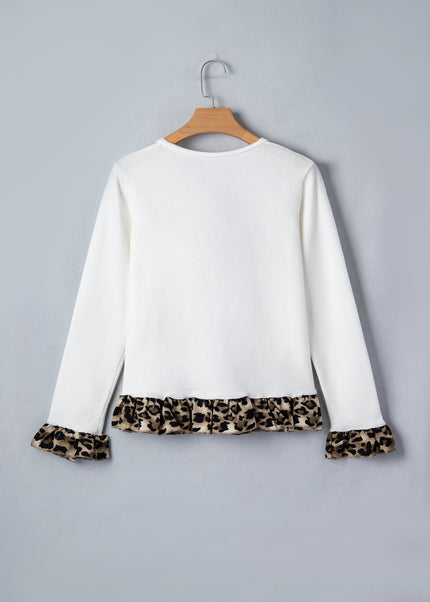 White Knitted Leopard Ruffle Patchwork Button Down Cropped Cardigan