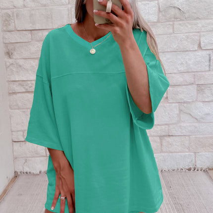 Meadow Mist Green Solid Loose V Neck Half Sleeve Tee and Shorts Set