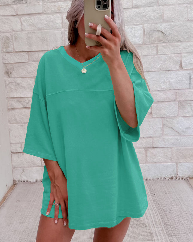 Meadow Mist Green Solid Loose V Neck Half Sleeve Tee and Shorts Set