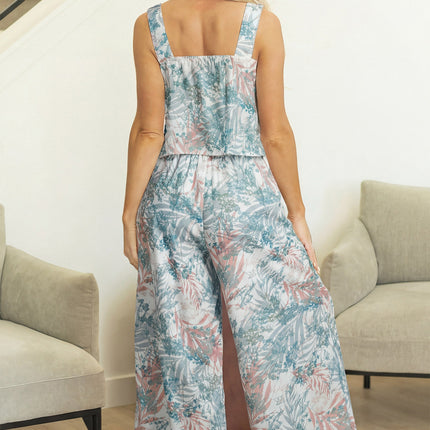 Green Tropical Palm Printed Cropped Tank Drawstring Wide Leg Pant Set