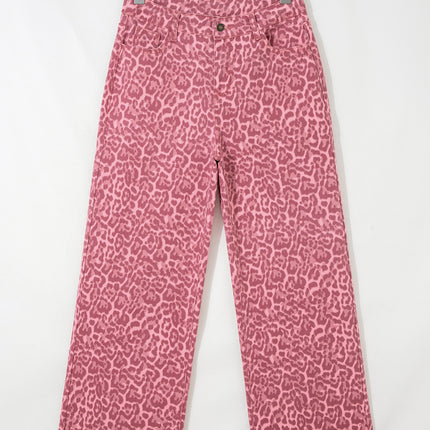 Rose Leopard Frayed Edge Wide Leg High Waist Jeans