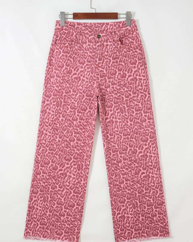 Rose Leopard Frayed Edge Wide Leg High Waist Jeans